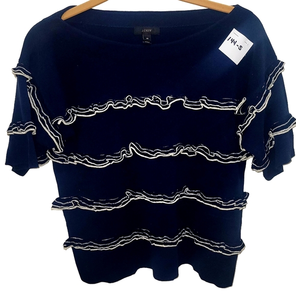 J. Crew Navy Ruffle Short Sleeve Top - Picture 2 of 4